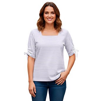 Jessica London Women's Plus Size Stretch Cotton Tie Sleeve Square Neck Tee