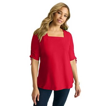 Jessica London Women's Plus Size Stretch Cotton Tie Sleeve Square Neck Tee