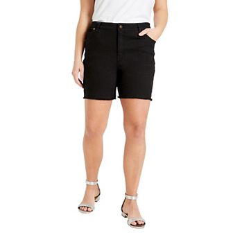 June + Vie Women's Plus Size Raw Hem June Fit Denim Shorts