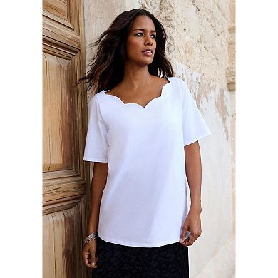Roaman's Women's Plus Size Ultimate Scalloped Scoop Neck Tee