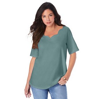 Roaman's Women's Plus Size Scalloped Scoop Neck Ultimate Tee