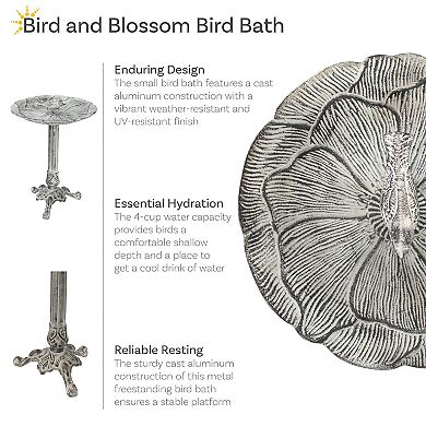 Sunnydaze Bird And Blossom Metal Bird Bath - Antique Gray - 13 In