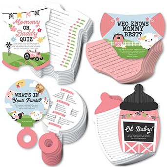 Big Dot Of Happiness Girl Farm Animals - 4 Pink Baby Shower Games - 10 Cards Each - Gamerific Bundle
