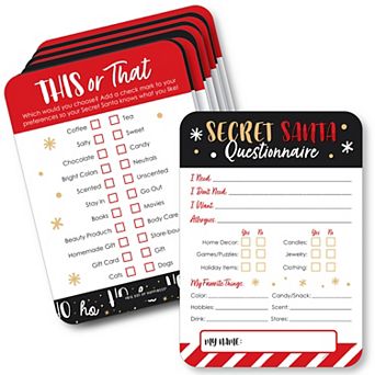 Big Dot Of Happiness Secret Santa Fill-in Questionnaire Form - Activity Duo Games - Set Of 20