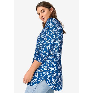 Ellos Plus Size Stretch Knit Scoop Neck 3/4 Sleeve Curved Hem Tunic