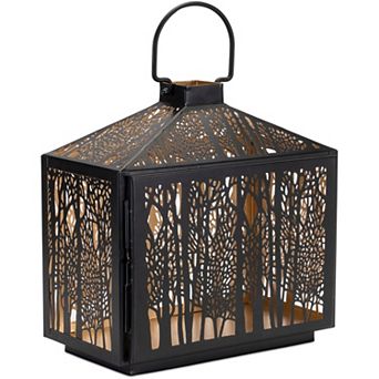 Forest Cut Metal Lantern with Gold Accent 12"H