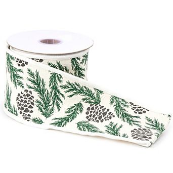 Green and White Wired Holiday Ribbon-Rustic Pinecone Pattern-Perfect for Christmas Decoration.