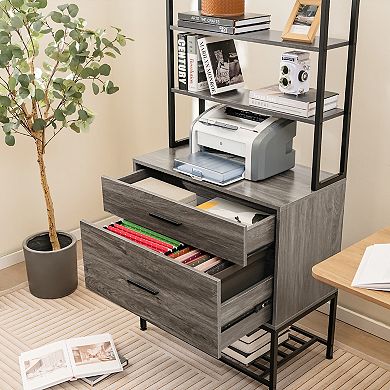 Freestanding File Cabinet With Charging Station And 3-tier Open Shelves