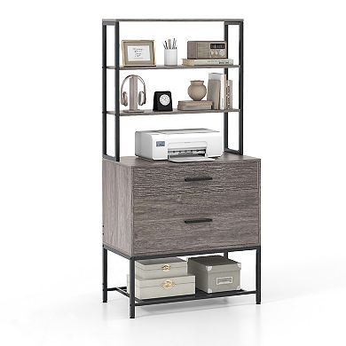 Freestanding File Cabinet With Charging Station And 3-tier Open Shelves