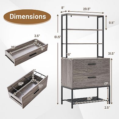 Freestanding File Cabinet With Charging Station And 3-tier Open Shelves