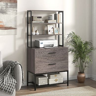 Freestanding File Cabinet With Charging Station And 3-tier Open Shelves