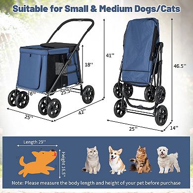 Folding Pet Stroller For Small And Medium Pets With Breathable Mesh Andx One-button Foldable