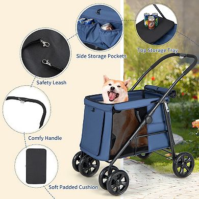 Folding Pet Stroller For Small And Medium Pets With Breathable Mesh Andx One-button Foldable