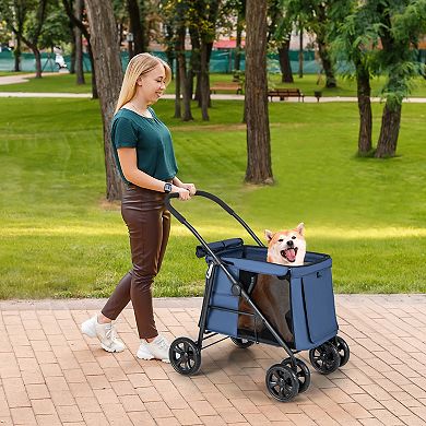 Folding Pet Stroller For Small And Medium Pets With Breathable Mesh Andx One-button Foldable