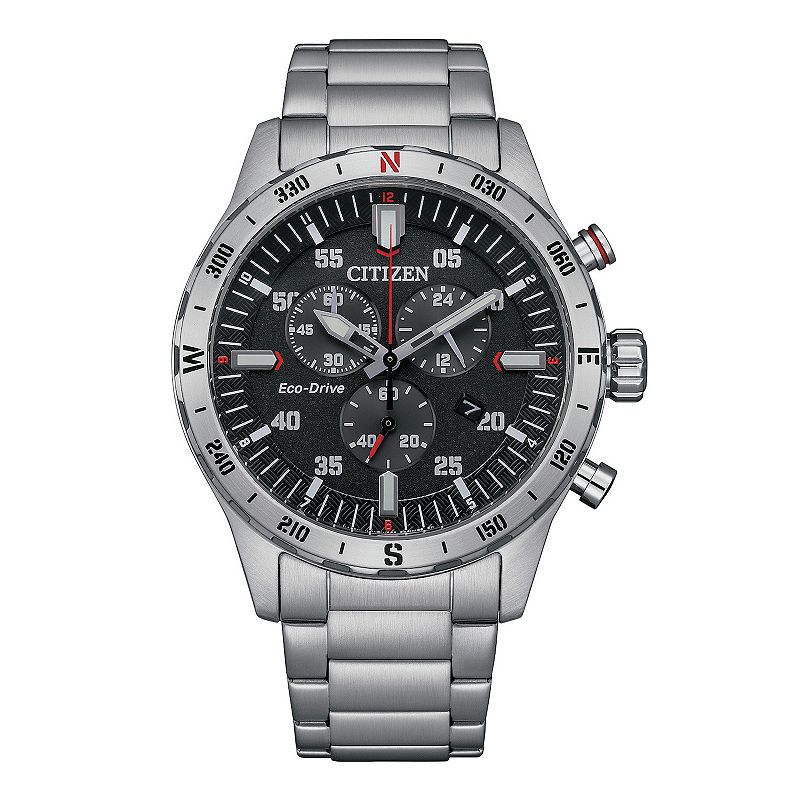 Citizen Men's Eco-Drive Stainless Steel Chronograph Bracelet Watch - AT2520-89E, Size: 44MM, Black Silver