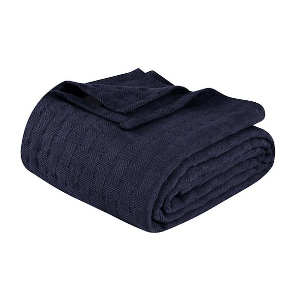 SUPERIOR Basketweave All-Season Cotton Blanket - Navy Blue (TWIN)