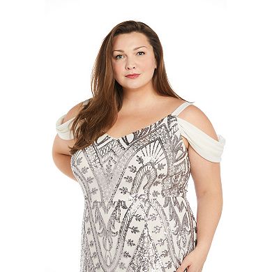 Plus Size R&M Richards Mesh Godet Inserts Beaded Maxi Dress