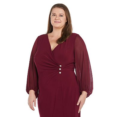 Plus Size R&M Richards Blouson Sleeve Surplice Wrap Dress With Rhinestone Button Detail