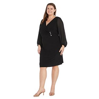 Plus Size R&M Richards Blouson Sleeve Surplice Wrap Dress With Rhinestone Button Detail