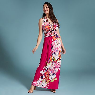 Women s London Times Floral Print Sleeveless V Neck Flowy Maxi Dress