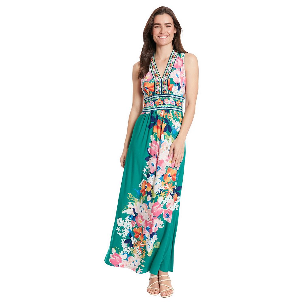 Women's London Times Floral Print Sleeveless V-Neck Flowy Maxi Dress