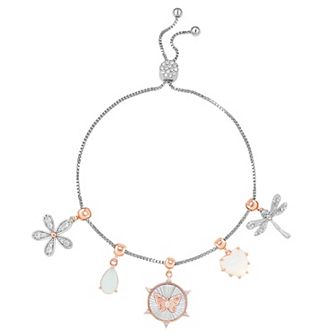 Brilliance Fine Silver Plated and 18k Rose Gold Flash Plated Cubic Zirconia and Opal Charm Slider Bracelet