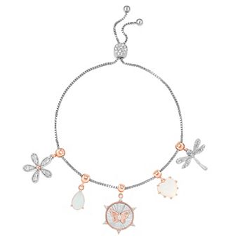 Brilliance Fine Silver Plated and 18k Rose Gold Flash Plated Cubic Zirconia and Opal Charm Slider Bracelet