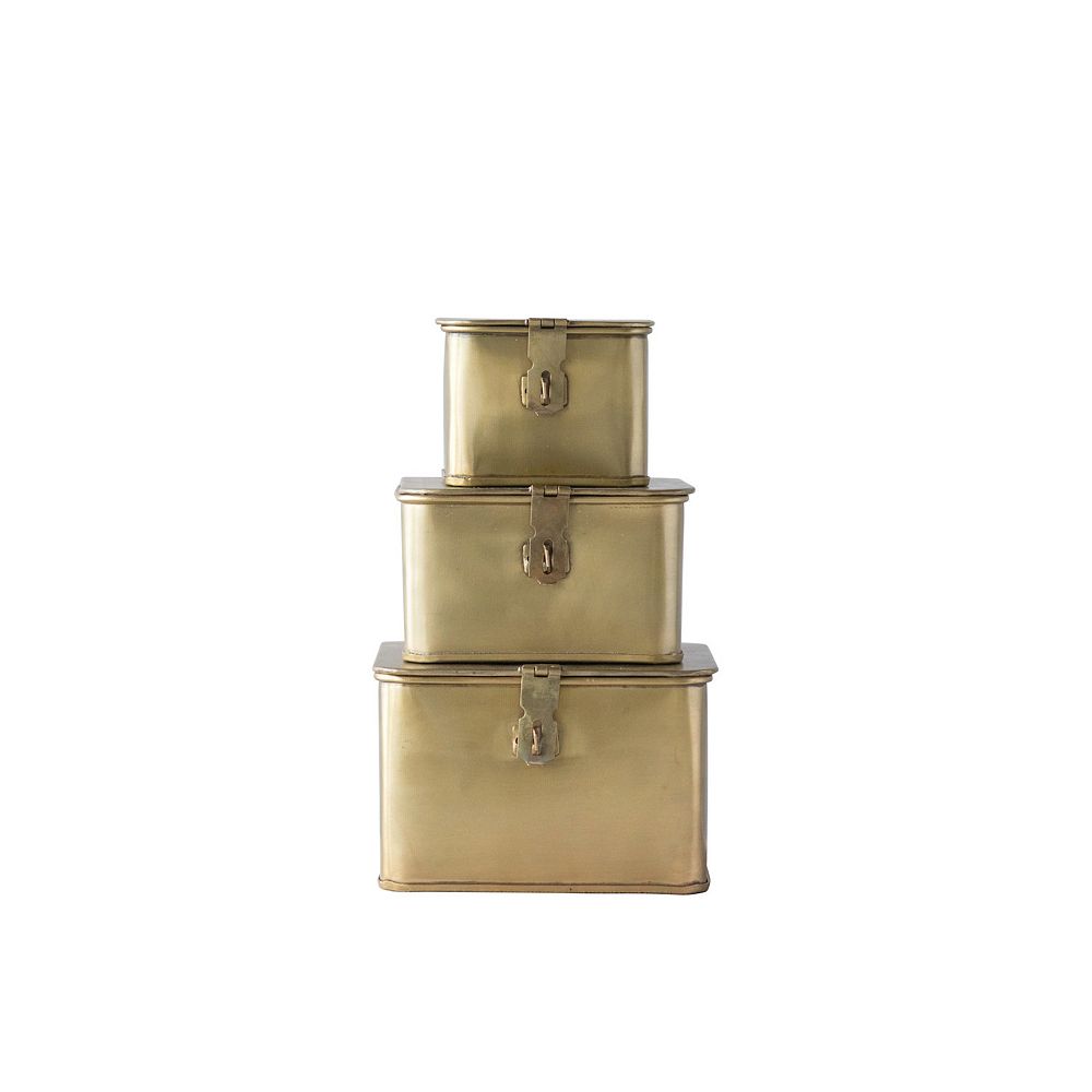 Storied Home Square Brass-Tone Metal Boxes Table Decor 3-Piece Set