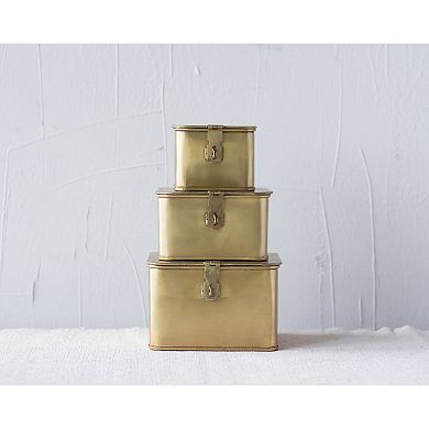 Storied Home Square Brass-Tone Metal Boxes Table Decor 3-Piece Set