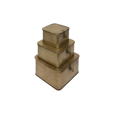Storied Home Square Brass-Tone Metal Boxes Table Decor 3-Piece Set