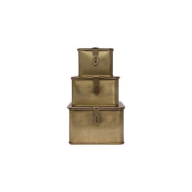 Storied Home Square Brass-Tone Metal Boxes Table Decor 3-Piece Set