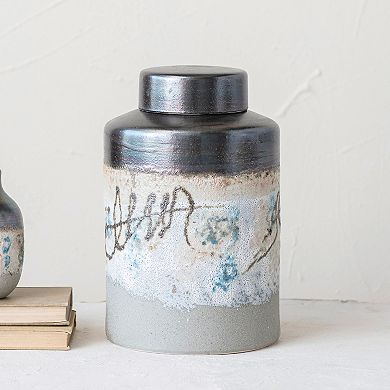 Storied Home Painted Reactive Glaze Stoneware Jar with Lid