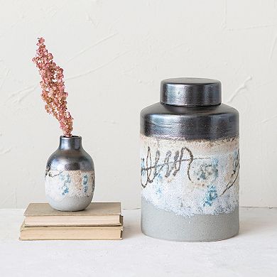 Storied Home Painted Reactive Glaze Stoneware Jar with Lid
