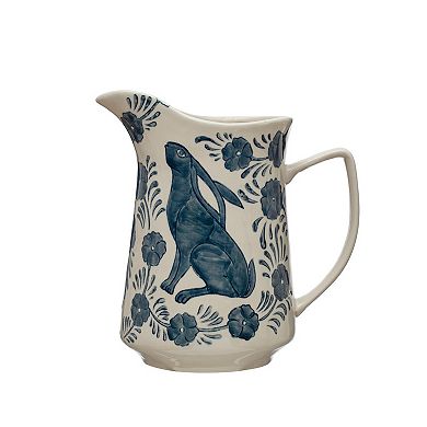 Storied Home Painted Rabbit & Flowers Stoneware Pitcher
