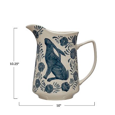 Storied Home Painted Rabbit & Flowers Stoneware Pitcher