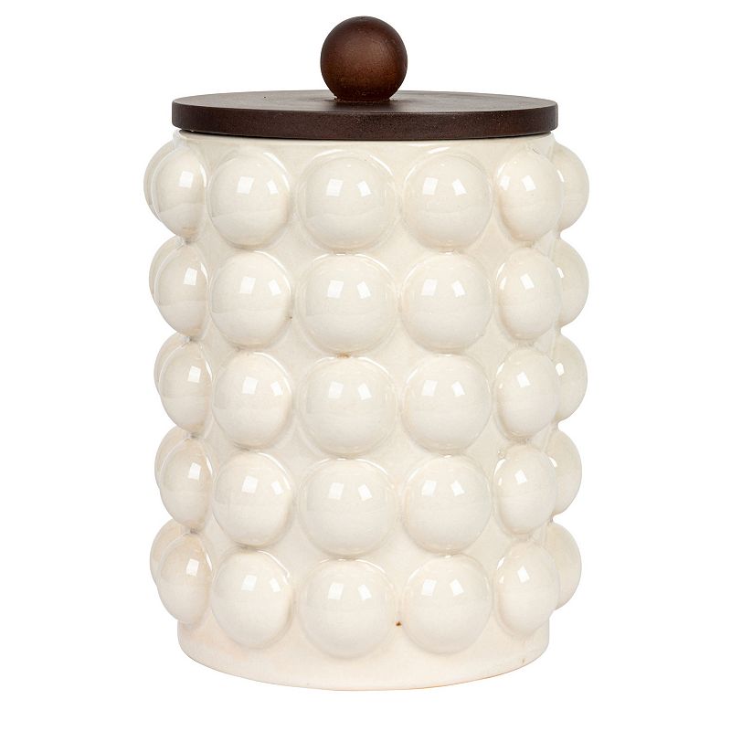 Storied Home Stoneware Raised Dots Storage Canister with Wood Lid, White