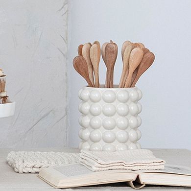 Storied Home Stoneware Raised Dots Storage Canister with Wood Lid