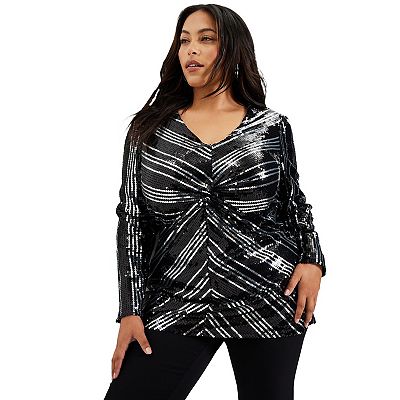 June Vie Women's Plus Size Striped Sequin Faux Wrap Top - Main Image