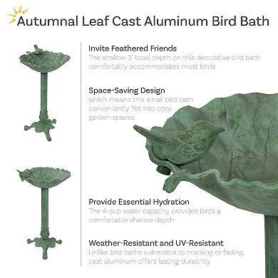 Sunnydaze Autumnal Leaf Metal Bird Bath - Green Patina - 11.75 In