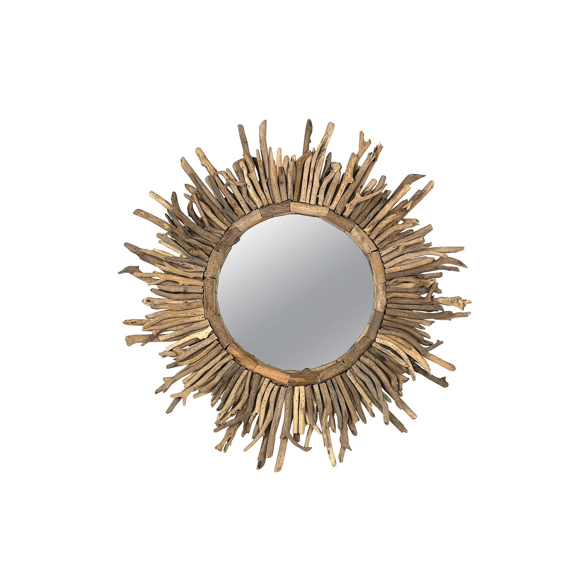 Round Coastal Driftwood Framed Sunburst Mirror, Multi