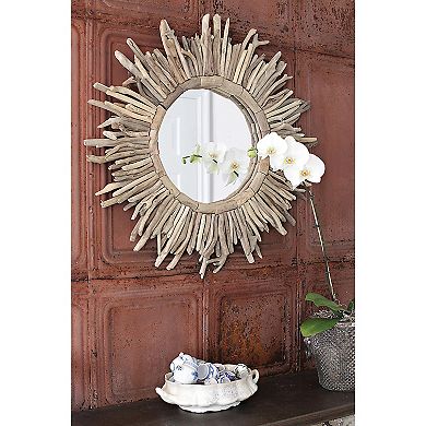 Round Coastal Driftwood Framed Sunburst Mirror