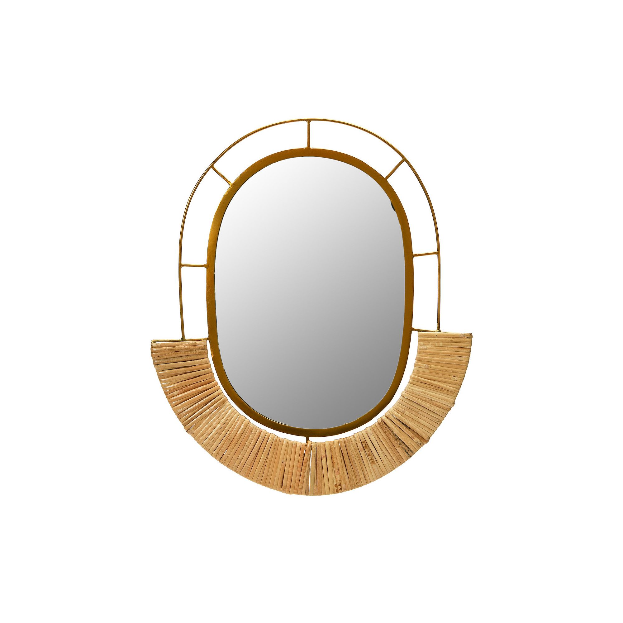 Oval Modern Boho Metal and Cane Framed Wall Mirror, Multi