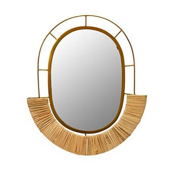 Oval Modern Boho Metal and Cane Framed Wall Mirror