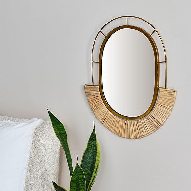 Oval Modern Boho Metal and Cane Framed Wall Mirror