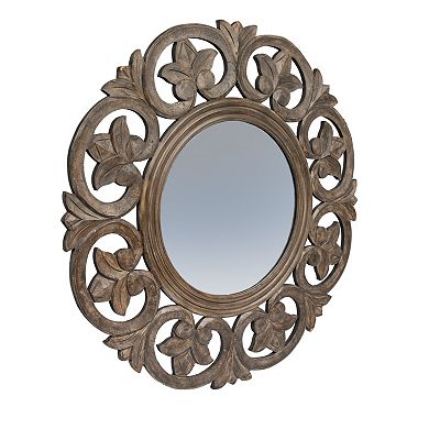 Round Carved Wood Botanical Framed Wall Mirror