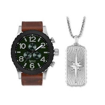American Exchange Men's brown Strap Watch & "North Star" Pendant Necklace Set