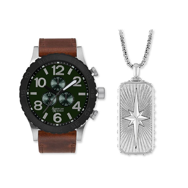 American Exchange Men's brown Strap Watch & "North Star" Pendant Necklace Set, Size: 48MM