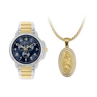 American Exchange men's Two Tone Metal Alloy Watch & "Holy Mary" Pendant Necklace Set