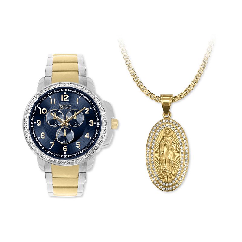 American Exchange men's Two Tone Metal Alloy Watch & "Holy Mary" Pendant Necklace Set, Size: 45MM, Gold Silver