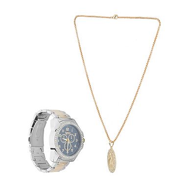 American Exchange men's Two Tone Metal Alloy Watch & "Holy Mary" Pendant Necklace Set